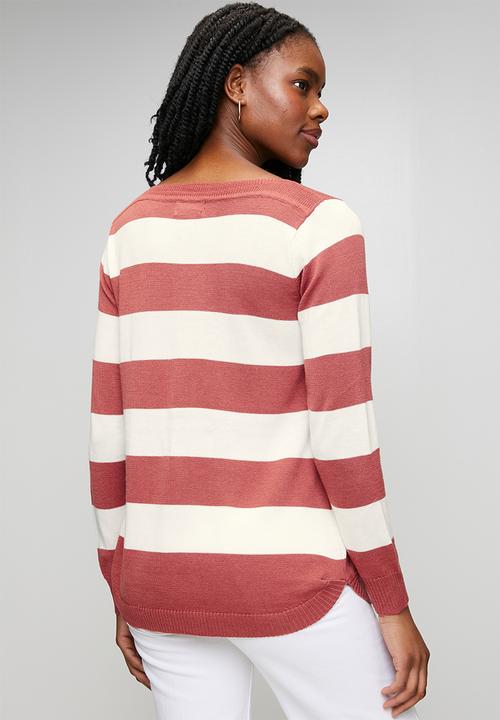Stella Morgan - L/S Boat Neck Wool Blend Stripe Sweater - Rosewood