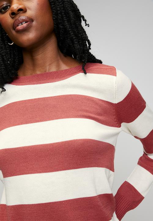 Stella Morgan - L/S Boat Neck Wool Blend Stripe Sweater - Rosewood