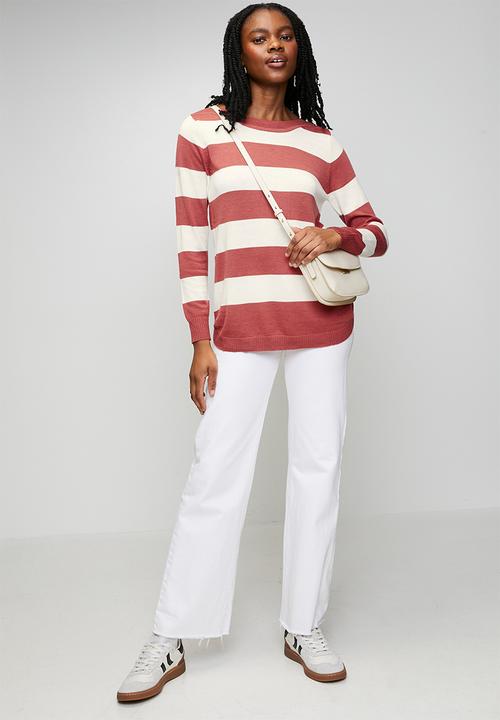 Stella Morgan - L/S Boat Neck Wool Blend Stripe Sweater - Rosewood