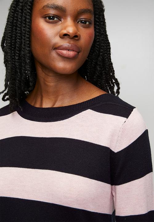 Stella Morgan - L/S Boat Neck Wool Blend Stripe Sweater - Navy