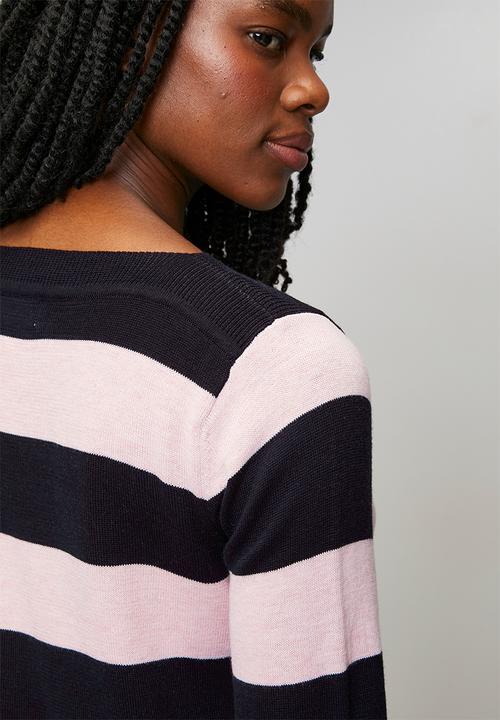 Stella Morgan - L/S Boat Neck Wool Blend Stripe Sweater - Navy