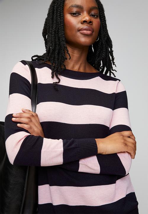 Stella Morgan - L/S Boat Neck Wool Blend Stripe Sweater - Navy