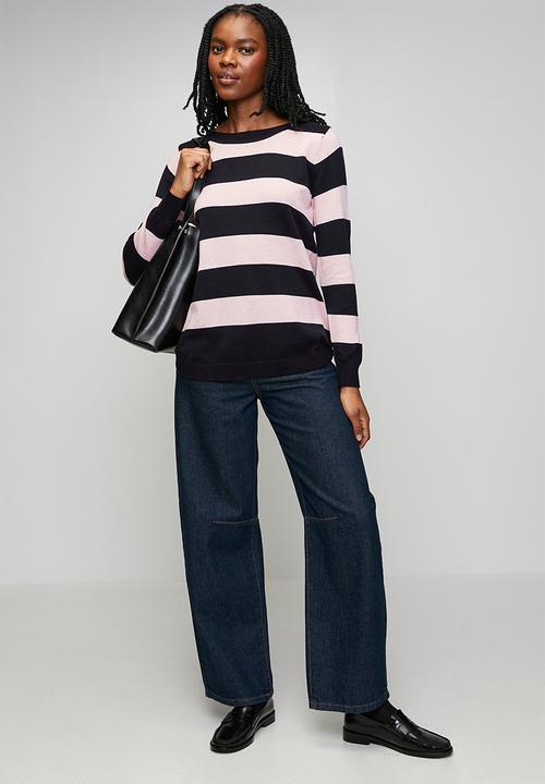 Stella Morgan - L/S Boat Neck Wool Blend Stripe Sweater - Navy