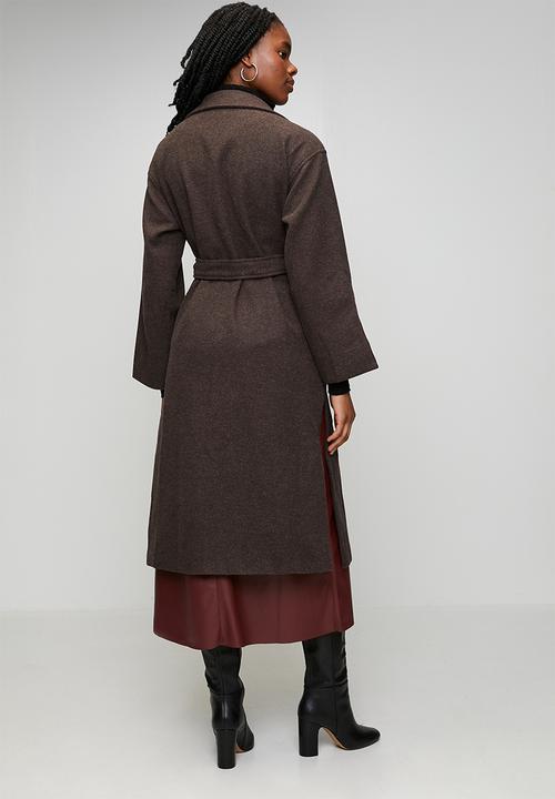 Izabel London - L/S Button Through Melton Melange Coat With Drop Shoulder And Enlarged Front Pockets - Chocolate