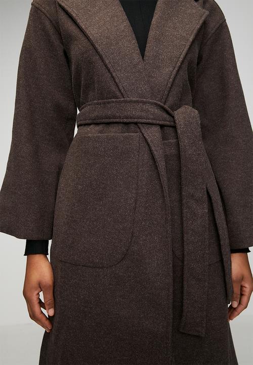 Izabel London - L/S Button Through Melton Melange Coat With Drop Shoulder And Enlarged Front Pockets - Chocolate
