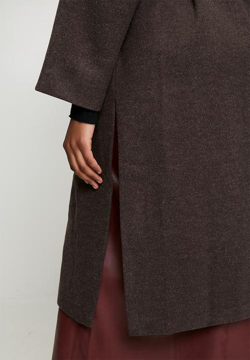 Izabel London - L/S Button Through Melton Melange Coat With Drop Shoulder And Enlarged Front Pockets - Chocolate