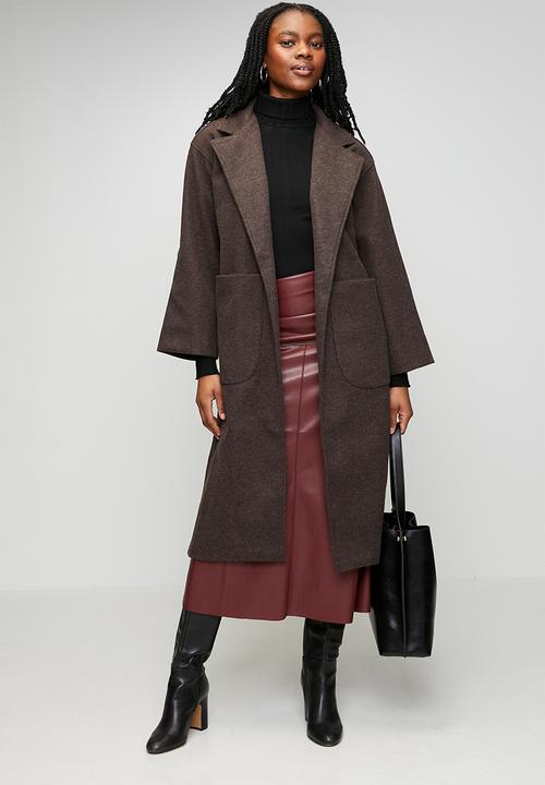 Izabel London - L/S Button Through Melton Melange Coat With Drop Shoulder And Enlarged Front Pockets - Chocolate
