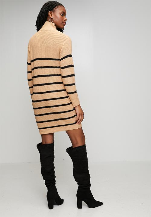 Brave Soul - Half Zip Neck Dress With Stripe - Biscuit/Black