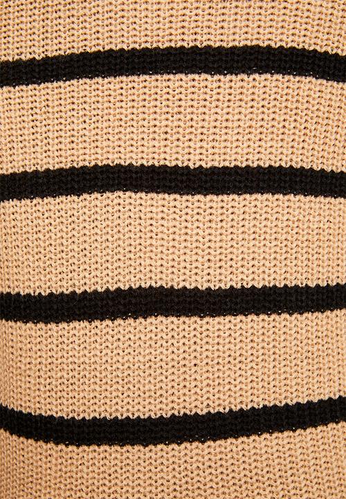 Brave Soul - Half Zip Neck Dress With Stripe - Biscuit/Black