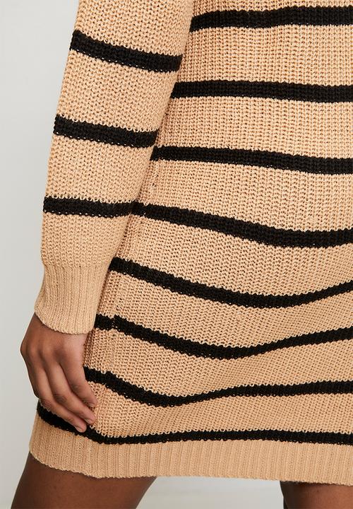 Brave Soul - Half Zip Neck Dress With Stripe - Biscuit/Black