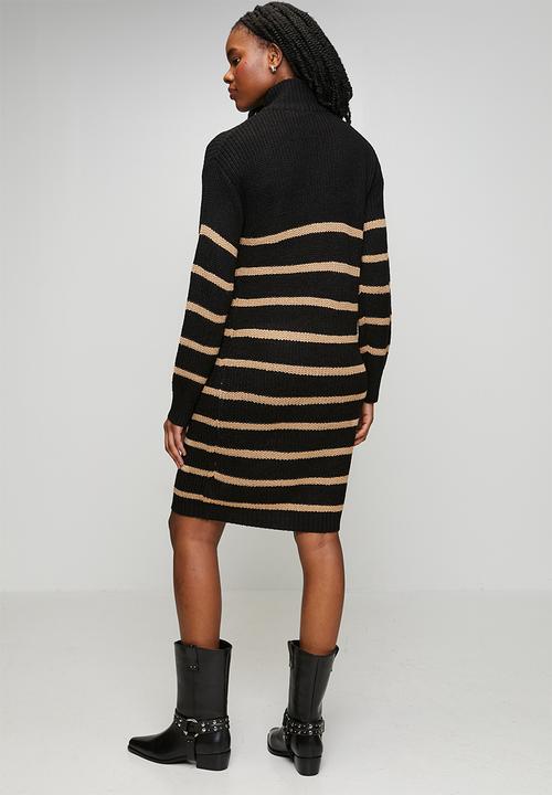 Brave Soul - Half Zip Neck Dress With Stripe - Black/Biscuit