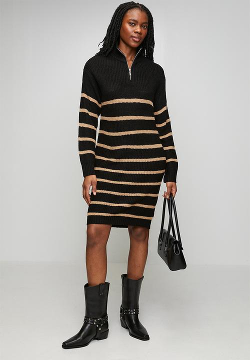 Brave Soul - Half Zip Neck Dress With Stripe - Black/Biscuit