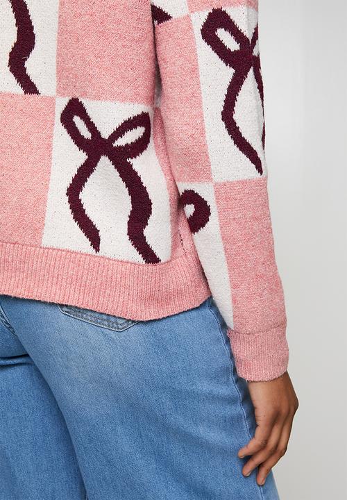 Brave Soul - Christmas Jumper - Pink/Ecru/Wine Bow