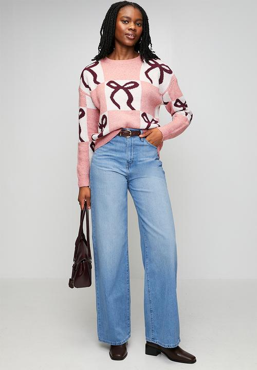 Brave Soul - Christmas Jumper - Pink/Ecru/Wine Bow