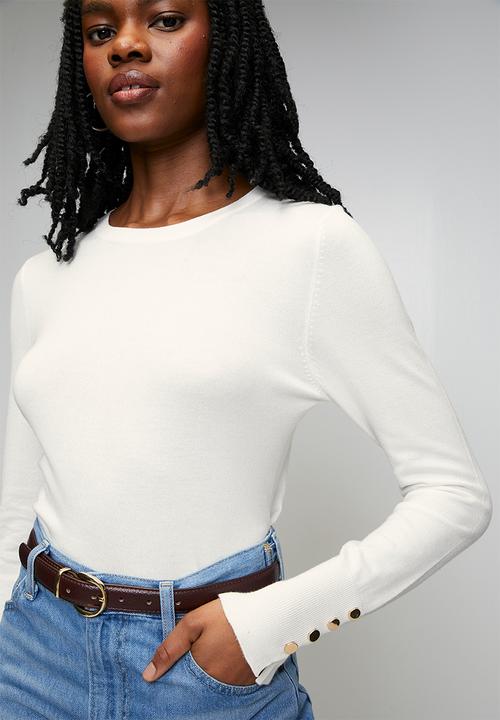 Brave Soul - Crew Neck Jumper With Mock Popper - Ivory