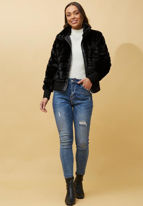 L/S Faux Fur Zip Through Jacket- Black