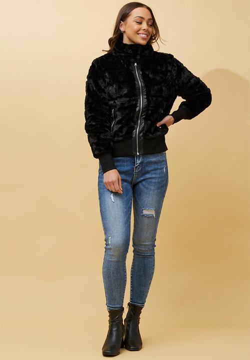 L/S Faux Fur Zip Through Jacket- Black