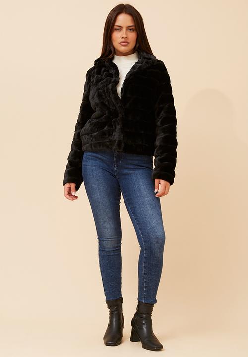 MANDI - L/S Faux Fur One Button Jacket - Black
