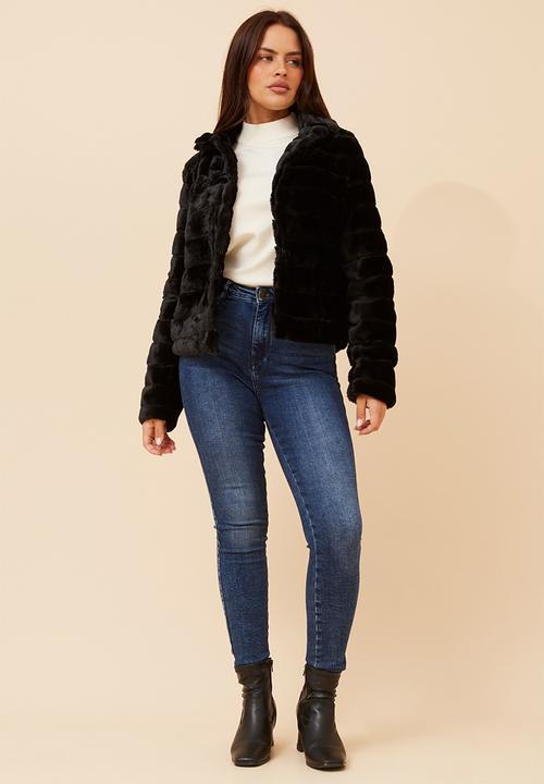 MANDI - L/S Faux Fur One Button Jacket - Black