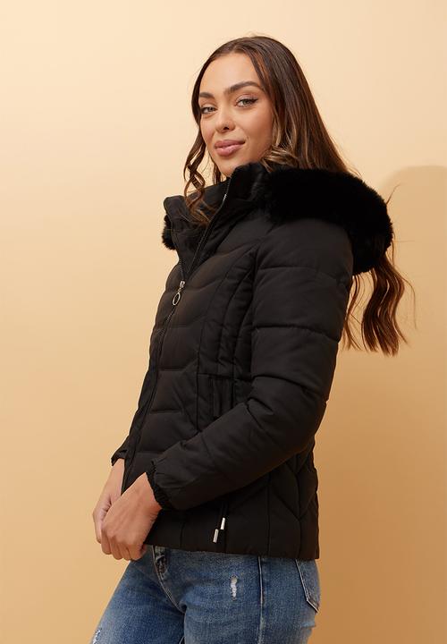 Stella Morgan - L/S Zip Through Puffer Jacket With Detachable Fur On Hood - Black