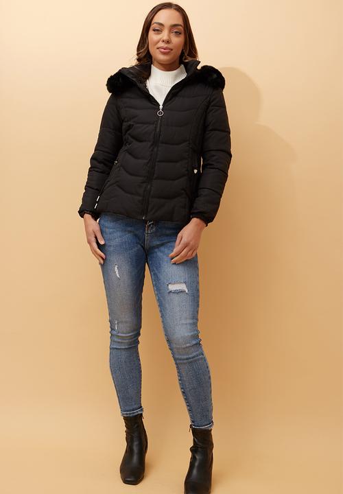 Stella Morgan - L/S Zip Through Puffer Jacket With Detachable Fur On Hood - Black