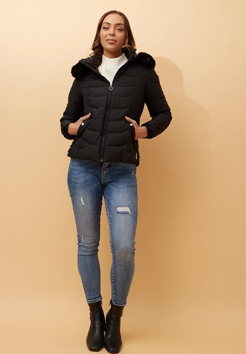 Stella Morgan - L/S Zip Through Puffer Jacket With Detachable Fur On Hood - Black