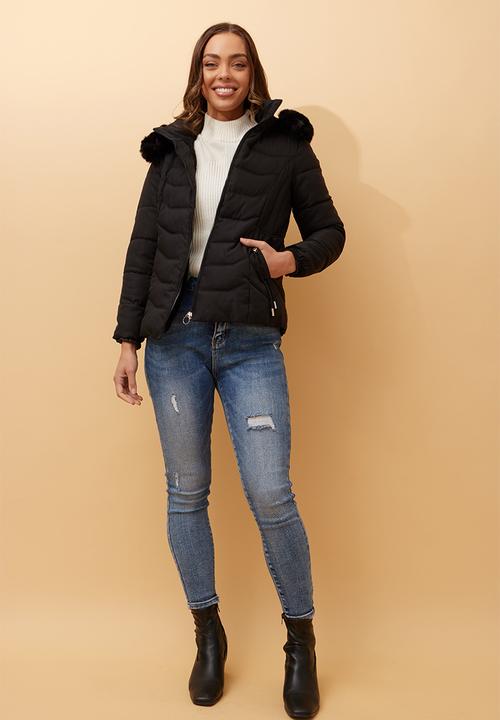 Stella Morgan - L/S Zip Through Puffer Jacket With Detachable Fur On Hood - Black