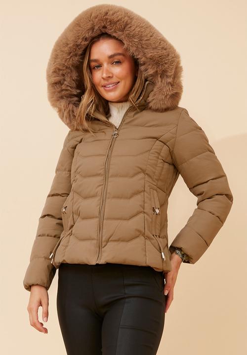 L/S Zip Through Puffer Jacket With Detachable Fur On Hood - Latte