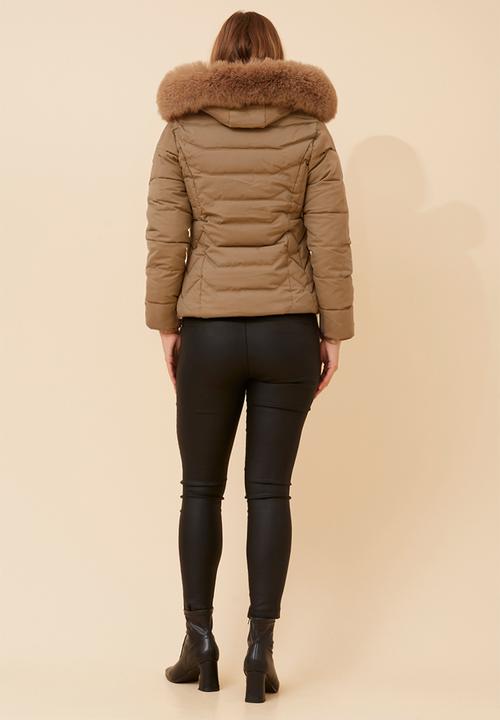 Stella Morgan - L/S Zip Through Puffer Jacket With Detachable Fur On Hood - Latte