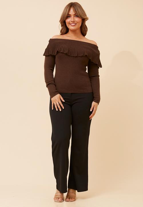 MANDI - L/S Fold Over Wool Blend Knitwear Top - Chocolate