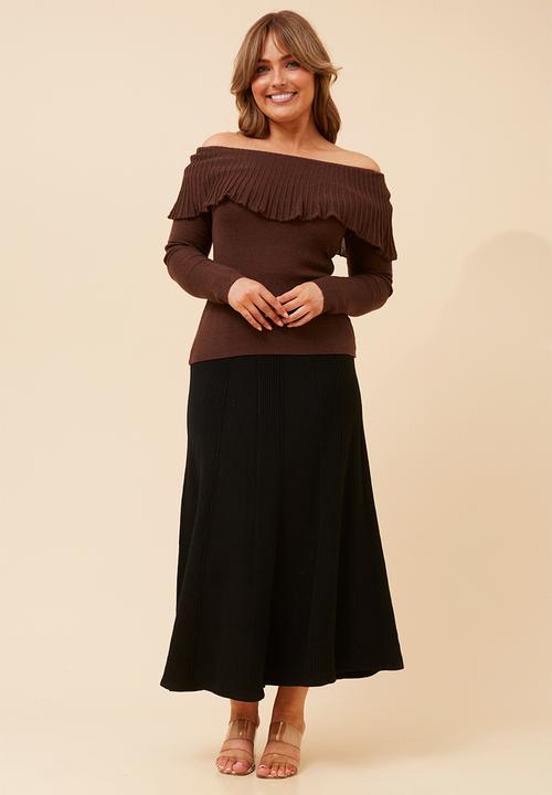 MANDI - L/S Fold Over Wool Blend Knitwear Top - Chocolate