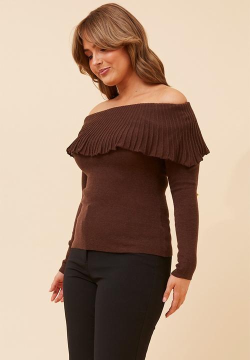 MANDI - L/S Fold Over Wool Blend Knitwear Top - Chocolate