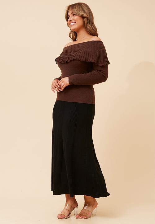 MANDI - L/S Fold Over Wool Blend Knitwear Top - Chocolate