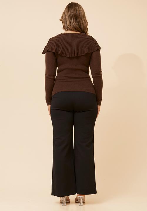 MANDI - L/S Fold Over Wool Blend Knitwear Top - Chocolate