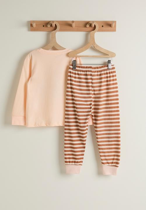 Pop Candy - Bear patch pj set - seashell peach/brown stripes