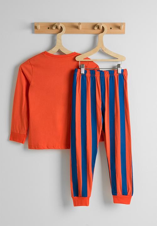 Pop Candy - Placement print pj set - pumpkin orange/blue stripes