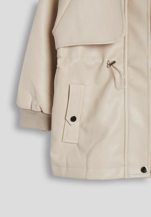 Pop Candy - PU trench coat with faux fur collar - cream