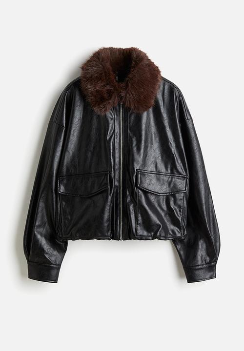 H&M - Fluffy-collared jacket - black/brown