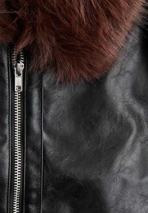 H&M - Fluffy-collared jacket - black/brown