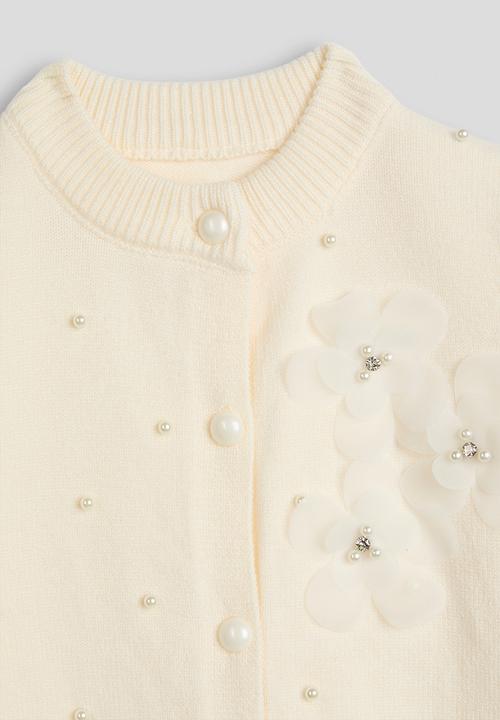 Pop Candy - Pearl and flower embellished cardigan - cream