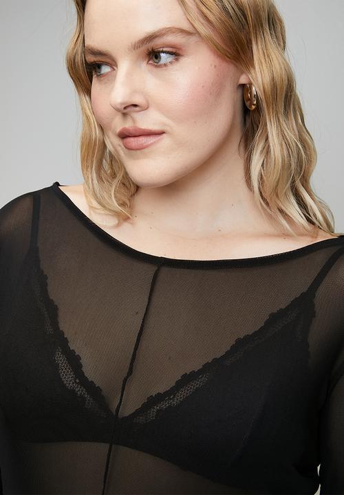 Me&B - Plus Boat Neck Mesh Top - Black