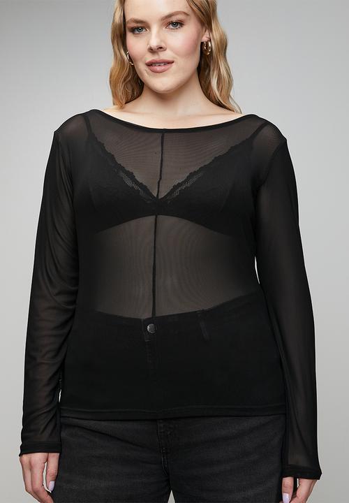 Me&B - Plus Boat Neck Mesh Top - Black