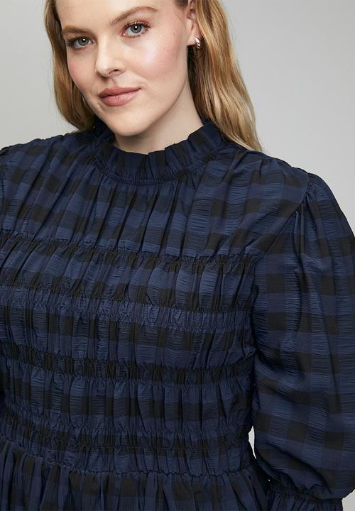Me&B - Plus Gingham Shirred Midi Dress - Navy/Black
