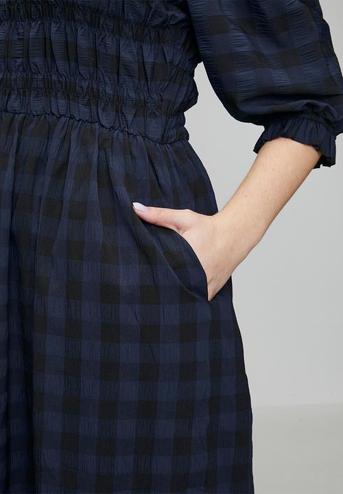 Me&B - Plus Gingham Shirred Midi Dress - Navy/Black