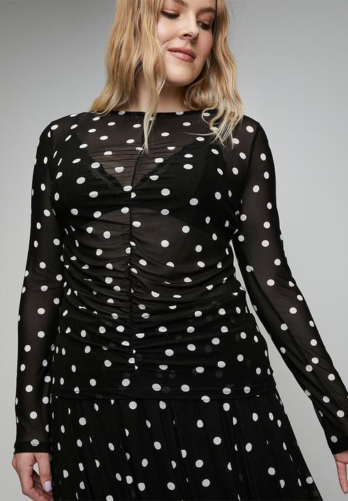 Me&B - Plus Ruched Front Mesh Top - Black