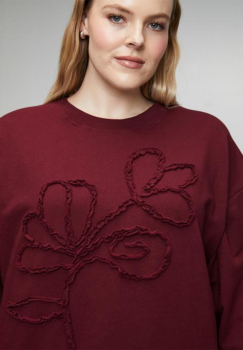 Me&B - Plus Sequined Flower Sweat Top - Burgundy