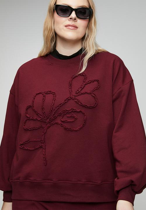 Me&B - Plus Sequined Flower Sweat Top - Burgundy