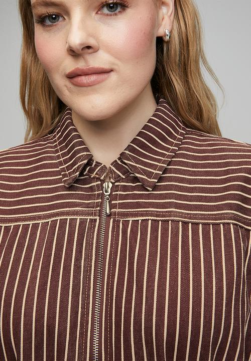 Me&B - Plus Zip Front  Stripe Denim Shirt Dress - Choc