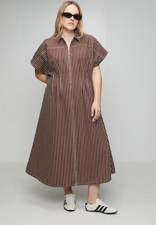Me&B - Plus Zip Front  Stripe Denim Shirt Dress - Choc