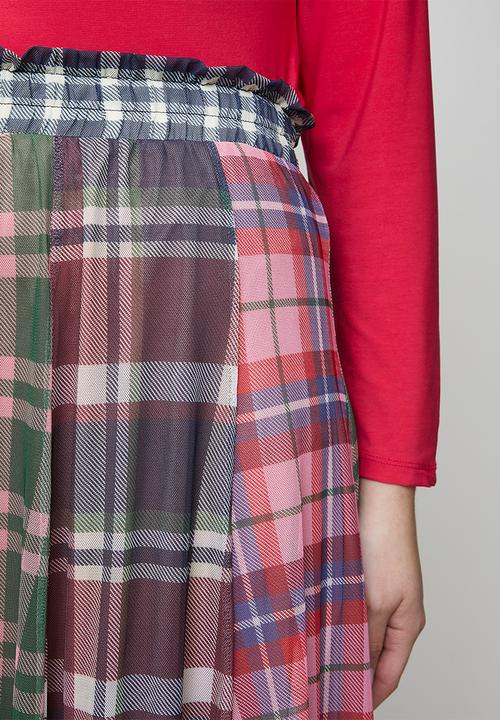 Me&B - Plus Panelled Lined Mesh Check Skirt - Multi